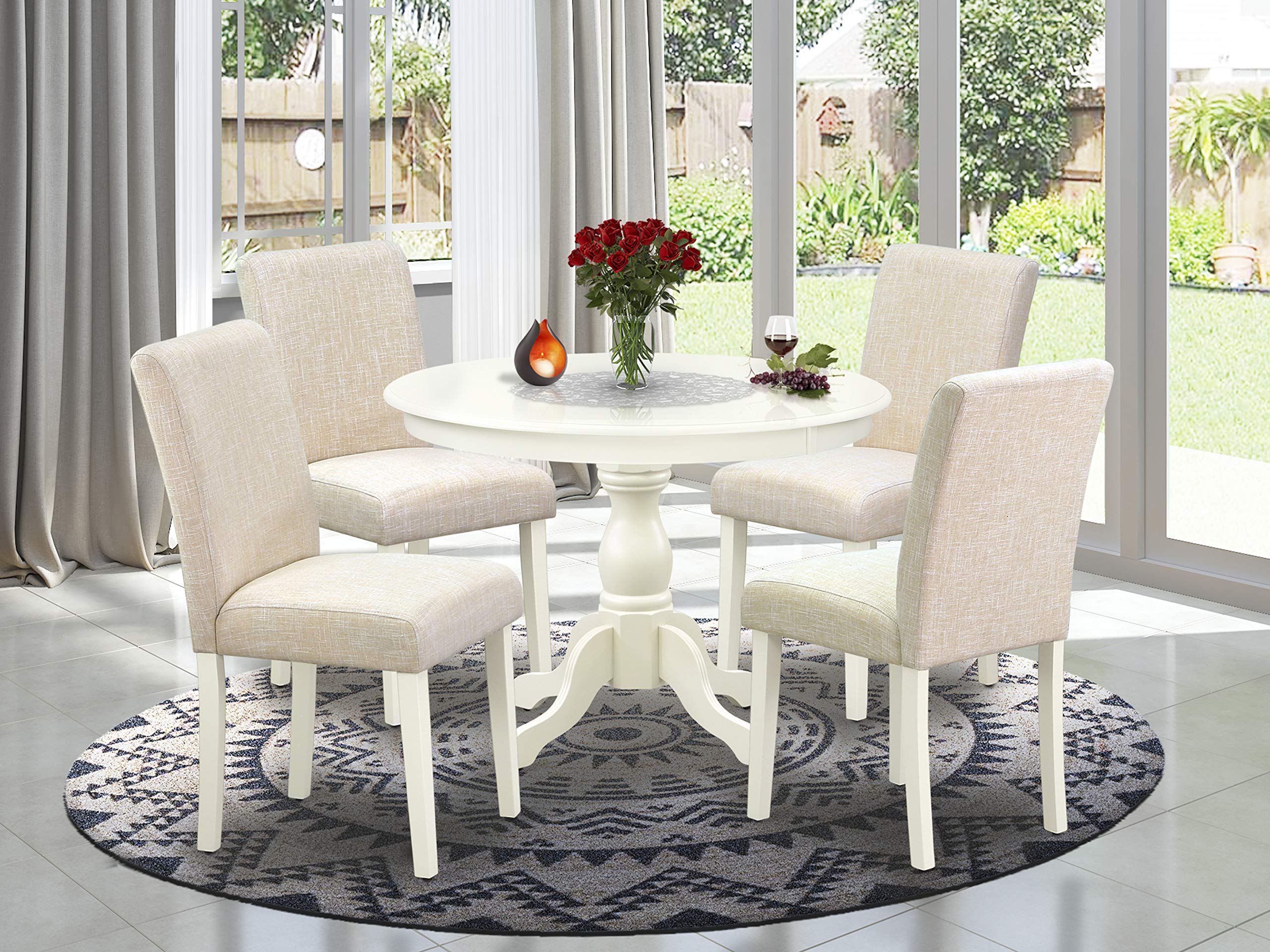 East West Furniture HBAB5-LWH-02 Hartland 5 Piece Room Set Includes a Round Dining Table with Pedestal and 4 Light Beige Linen Fabric Upholstered Parson Chairs, 42x42 Inch